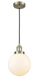 Innovations Lighting Beacon 1-100 watt 8 inch Antique Brass Mini Pendant Matte White Cased glass 201CABG2018