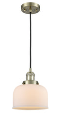 Innovations Lighting Large Bell 1-100 watt 8 inch Antique Brass Mini Pendant Matte White Cased glass 201CABG71