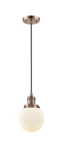 Innovations Lighting Beacon 1-100 watt 6 inch Antique Copper Mini Pendant Matte White Cased glass 201CACG2016