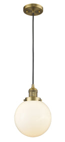 Innovations Lighting Beacon 1-100 watt 8 inch Brushed Brass Mini Pendant Matte White Cased glass 201CBBG2018