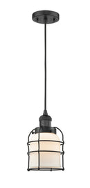 Innovations Lighting Small Bell Cage 1-100 watt 8 inch Black Mini Pendant Matte White Cased glass 201CBKG51CE