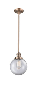 Innovations Lighting Beacon 1-100 watt 8 inch Antique Copper Mini Pendant Clear glass Hang Straight Swivel 201SACG2028