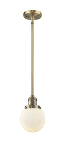 Innovations Lighting Beacon 1-100 watt 6 inch Brushed Brass Mini Pendant Matte White Cased glass Hang Straight Swivel 201SBBG2016