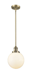 Innovations Lighting Beacon 1-100 watt 8 inch Brushed Brass Mini Pendant Matte White Cased glass Hang Straight Swivel 201SBBG2018