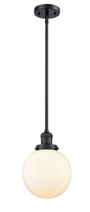 Innovations Lighting Beacon 1-100 watt 8 inch Black Mini Pendant Matte White Cased glass Hang Straight Swivel 201SBKG2018