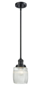 Innovations Lighting Colton 1-100 watt 8 inch Black Mini Pendant Thick Clear Halophane glass Hang Straight Swivel 201SBKG302