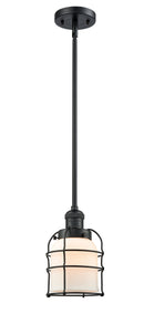 Innovations Lighting Small Bell Cage 1-100 watt 8 inch Black Mini Pendant Matte White Cased glass Hang Straight Swivel 201SBKG51CE