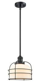 Innovations Lighting Large Bell Cage 1-100 watt 8 inch Black Mini Pendant Matte White Cased glass Hang Straight Swivel 201SBKG71CE