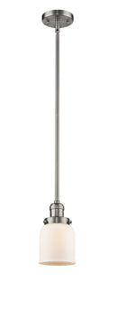 Innovations Lighting Small Bell 1-100 watt 5 inch Brushed Satin Nickel Mini Pendant Matte White Cased glass Hang Straight Swivel 201SSNG51