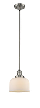 Innovations Lighting Large Bell 1-100 watt 8 inch Brushed Satin Nickel Mini Pendant Matte White Cased glass Hang Straight Swivel 201SSNG71