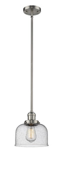 Innovations Lighting Large Bell 1-100 watt 8 inch Brushed Satin Nickel Mini Pendant Seedy glass Hang Straight Swivel 201SSNG74