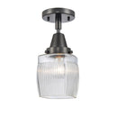 Colton Flush Mount shown in the Matte Black finish with a Clear Halophane shade
