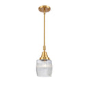 Colton Mini Pendant shown in the Satin Gold finish with a Clear Halophane shade