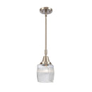 Colton Mini Pendant shown in the Brushed Satin Nickel finish with a Clear Halophane shade