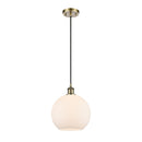 Athens Mini Pendant shown in the Antique Brass finish with a Matte White shade