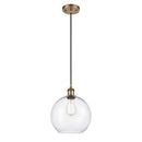 Athens Mini Pendant shown in the Brushed Brass finish with a Clear shade