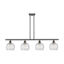 Deco Swirl Island Light shown in the Matte Black finish with a Clear shade