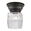Colton Flush Mount shown in the Matte Black finish with a Clear Halophane shade