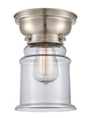 Canton Flush Mount shown in the Brushed Satin Nickel finish with a Clear shade