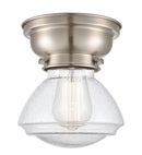 Olean Flush Mount shown in the Brushed Satin Nickel finish with a Seedy shade