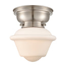 Oxford Flush Mount shown in the Brushed Satin Nickel finish with a Matte White shade