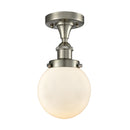Beacon Flush Mount shown in the Brushed Satin Nickel finish with a Matte White shade
