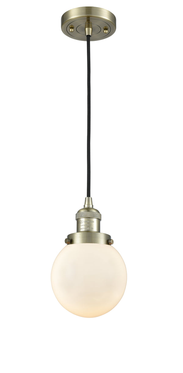 Innovations Lighting Beacon 1-100 watt 6 inch Antique Brass Mini Pendant  Matte White Cased glass 201CABG2016