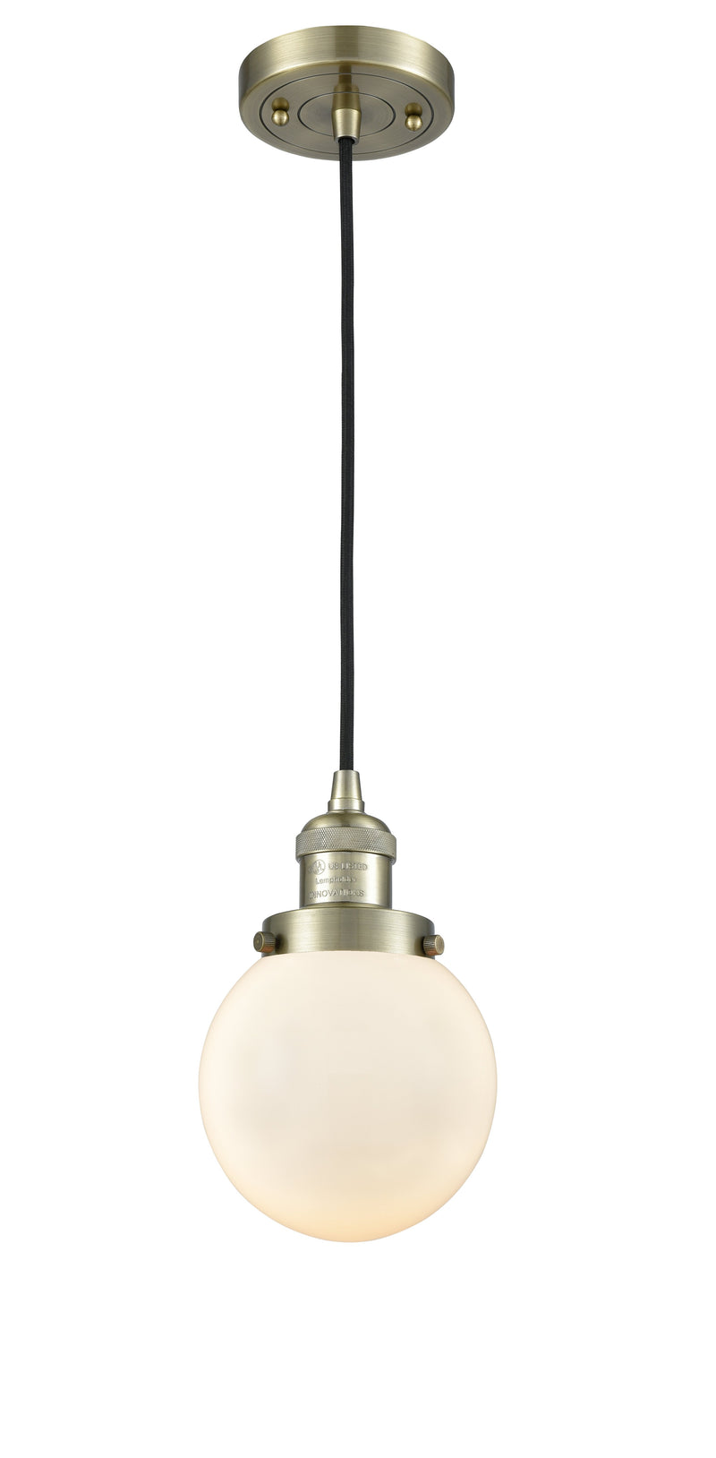 Innovations Lighting Beacon 1-100 watt 6 inch Antique Brass Mini Pendant  Matte White Cased glass 201CABG2016