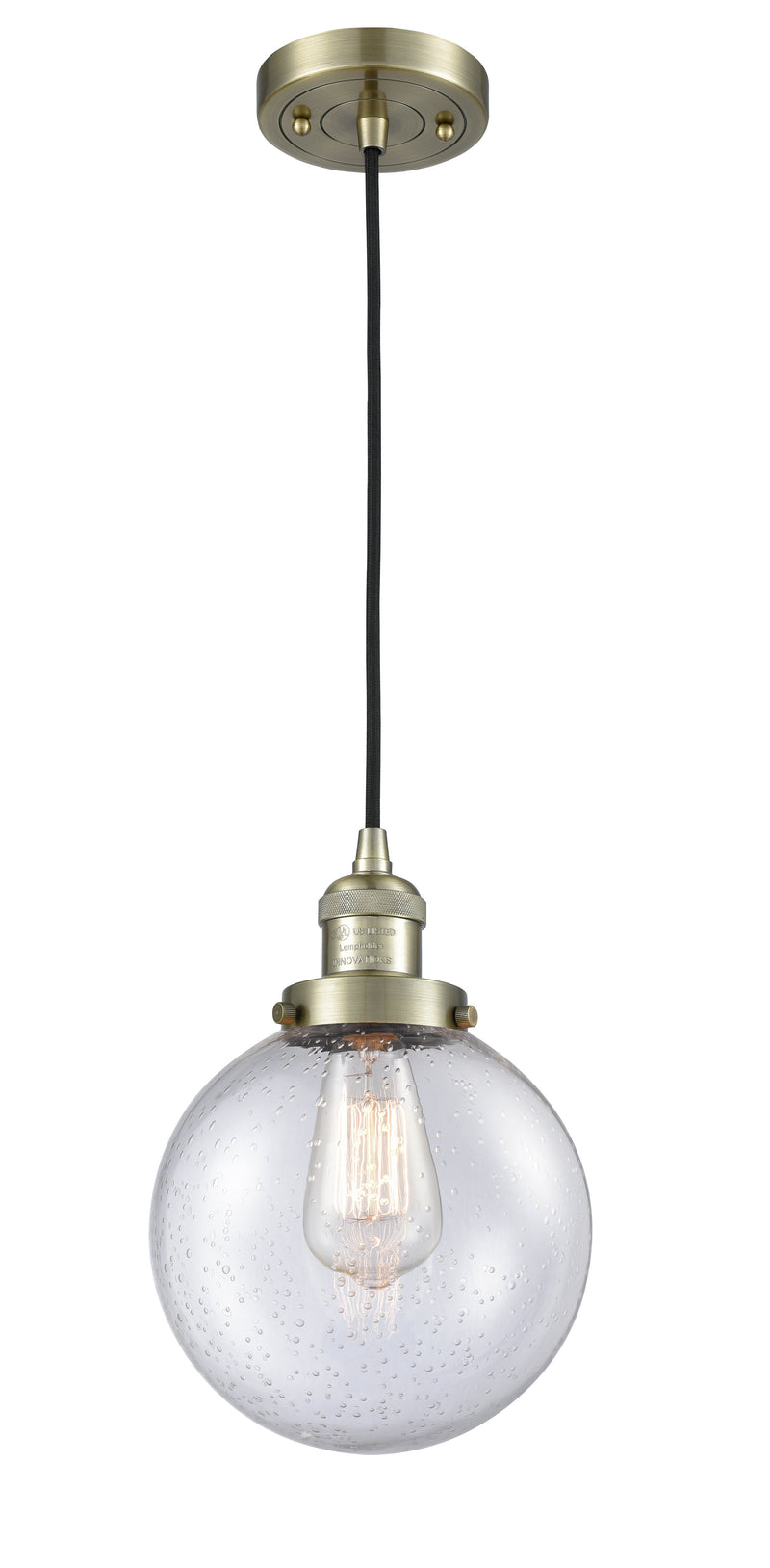 Innovations Lighting Beacon 1-100 watt 8 inch Antique Brass Mini Pendant  Seedy glass 201CABG2048