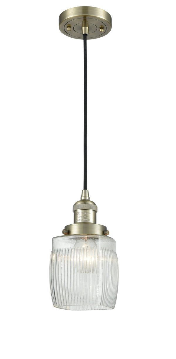 Innovations Lighting Colton 1-100 watt 8 inch Antique Brass Mini Pendant  Thick Clear Halophane glass 201CABG302