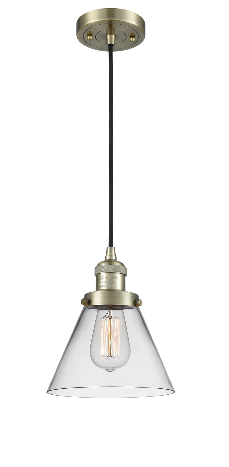 Innovations Lighting Large Cone 1-100 watt 8 inch Antique Brass Mini Pendant  Clear glass 201CABG42