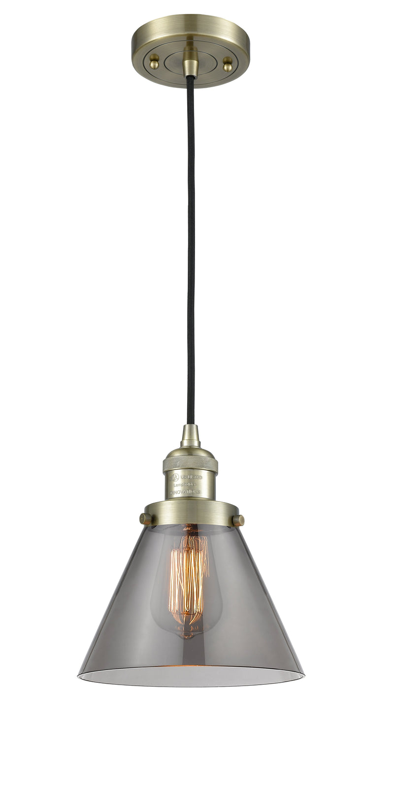 Innovations Lighting Large Cone 1-100 watt 8 inch Antique Brass Mini Pendant  Smoked glass 201CABG43