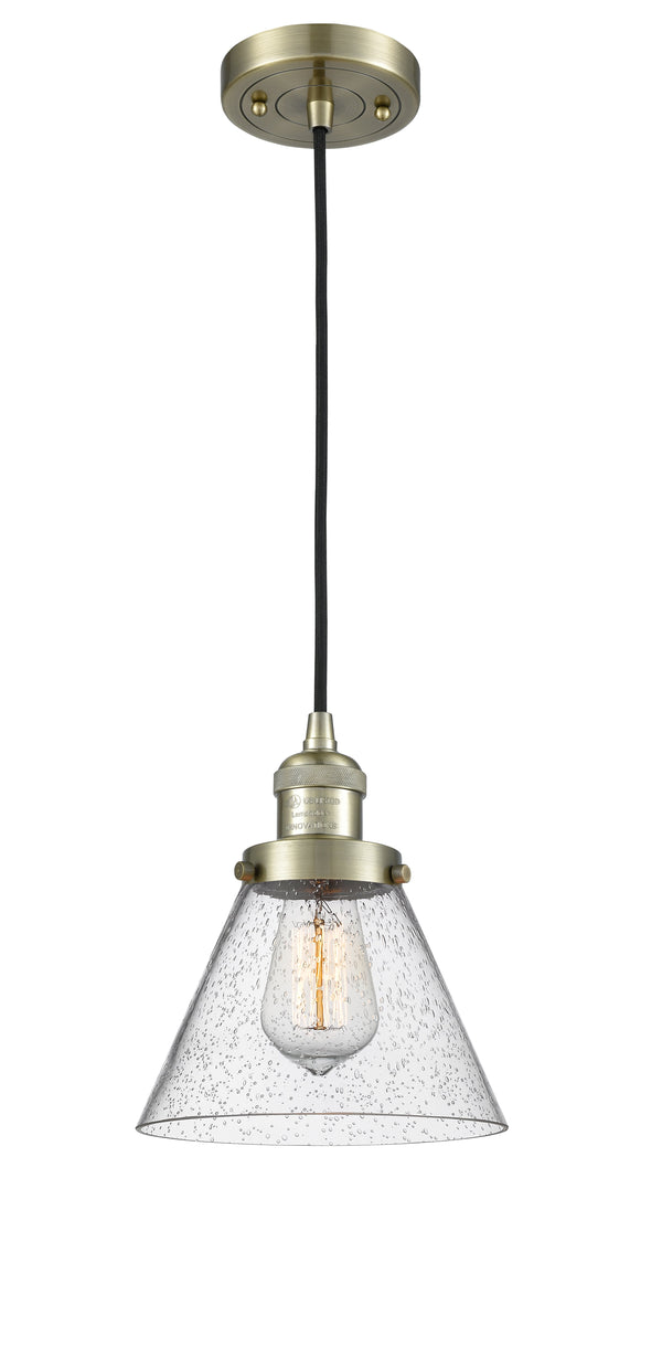 Innovations Lighting Large Cone 1-100 watt 8 inch Antique Brass Mini Pendant  Seedy glass 201CABG44