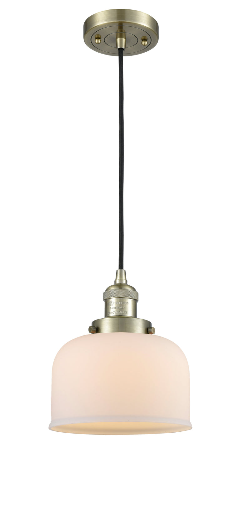 Innovations Lighting Large Bell 1-100 watt 8 inch Antique Brass Mini Pendant  Matte White Cased glass 201CABG71