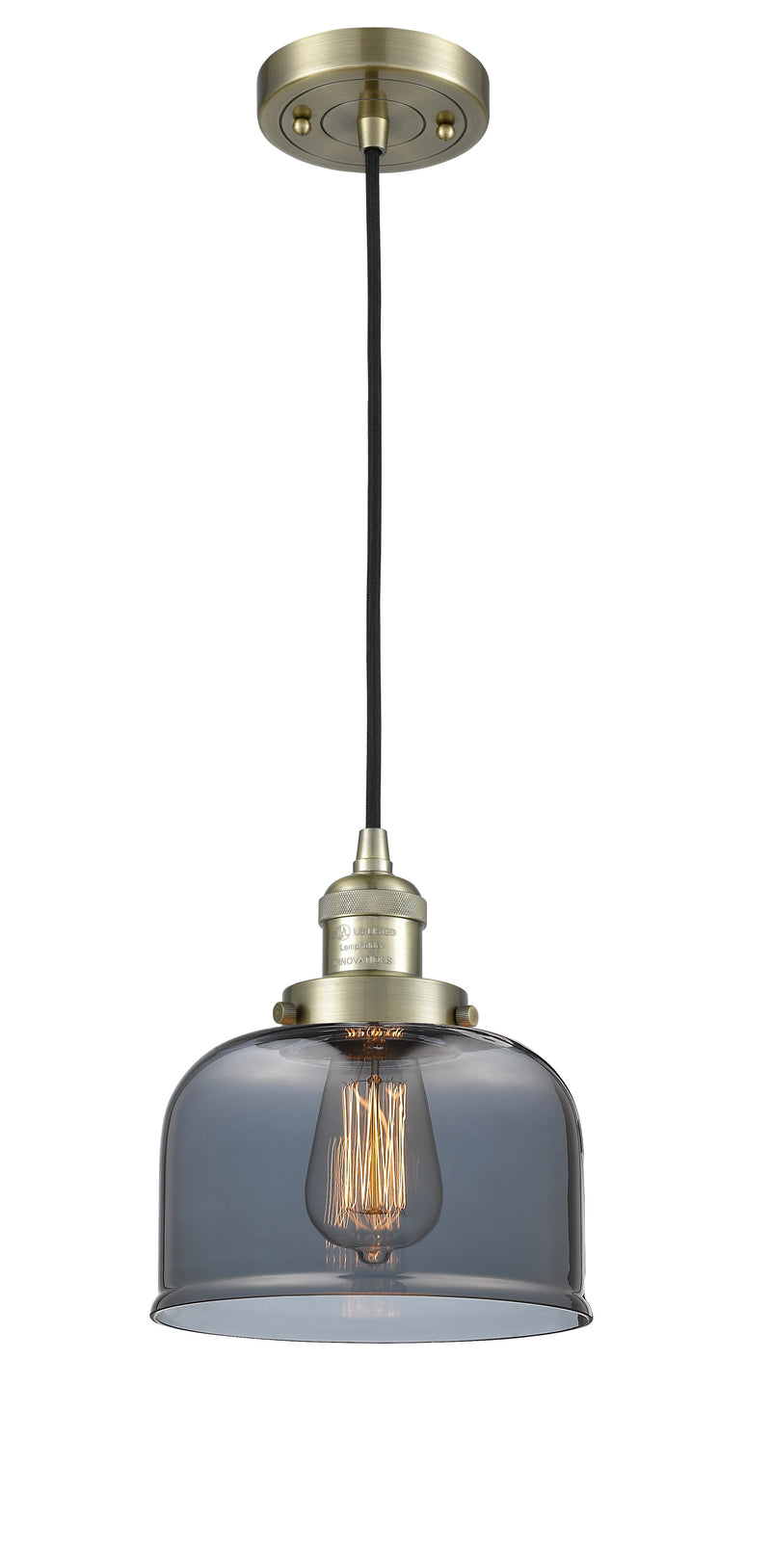 Innovations Lighting Large Bell 1-100 watt 8 inch Antique Brass Mini Pendant  Smoked glass 201CABG73