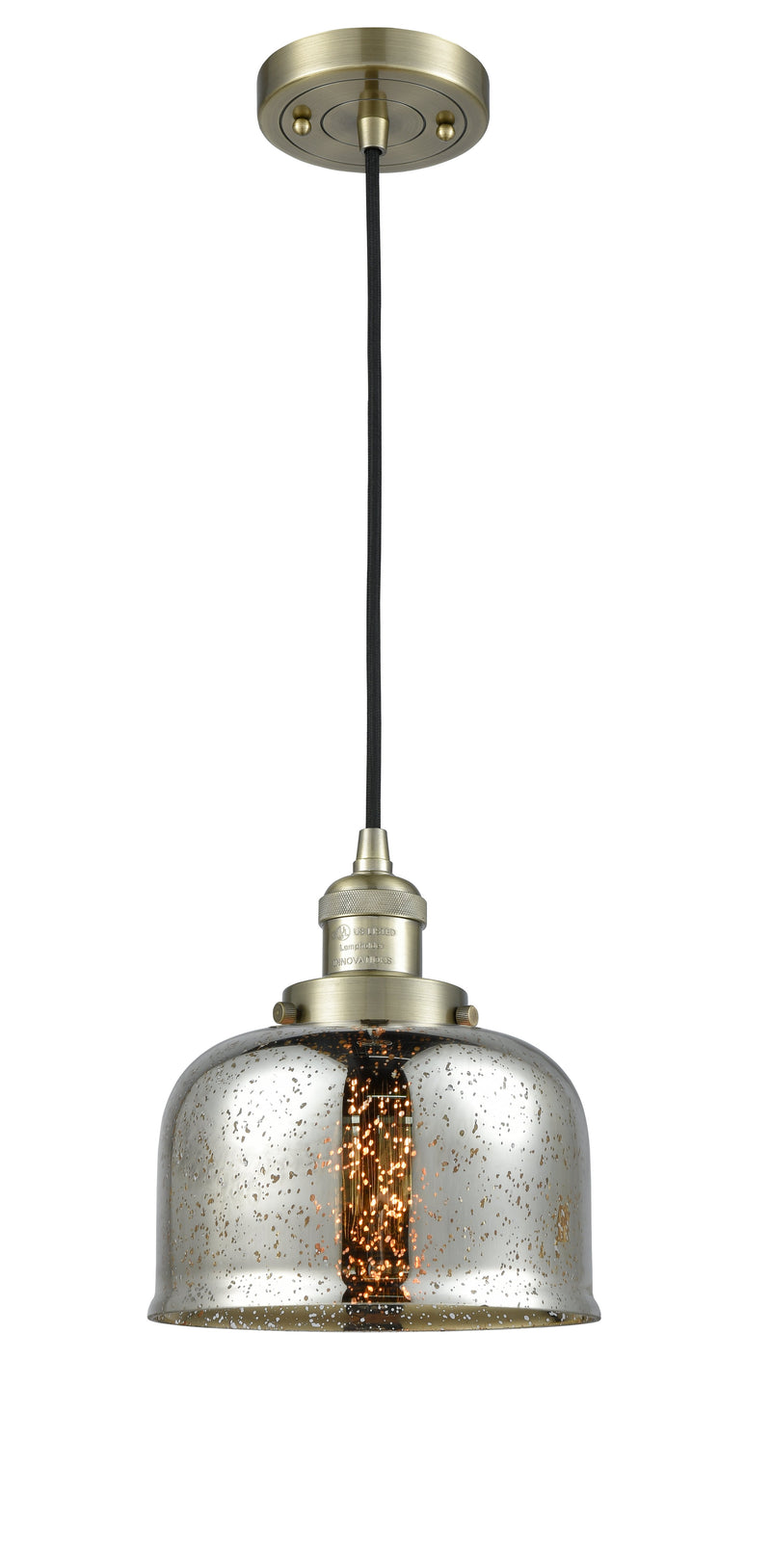 Innovations Lighting Large Bell 1-100 watt 8 inch Antique Brass Mini Pendant  Silver Plated Mercury glass 201CABG78