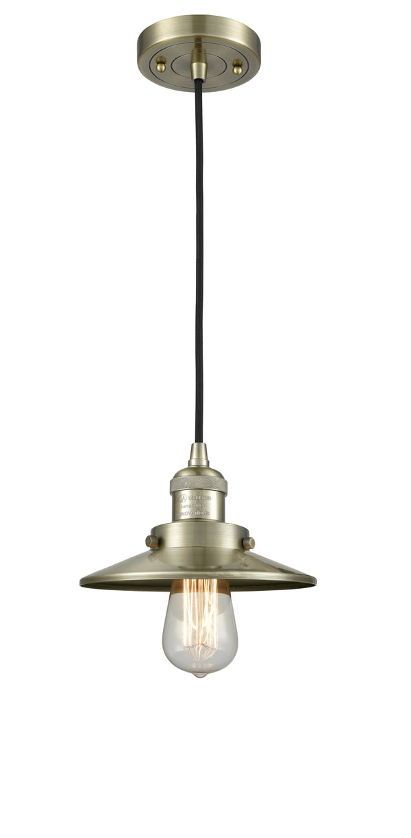 Innovations Lighting Railroad 1-100 watt 8 inch Antique Brass Mini Pendant  Antique Brass Railroad shades  201CABM4