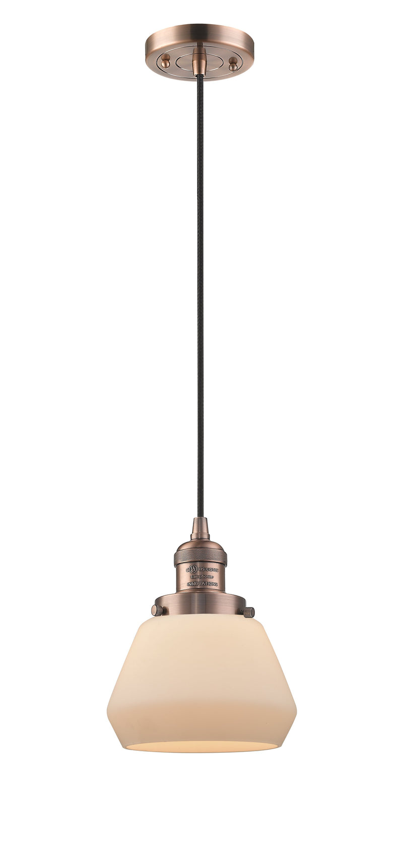 Innovations Lighting Fulton 1-100 watt 7 inch Antique Copper Mini Pendant  Matte White Cased glass 201CACG171