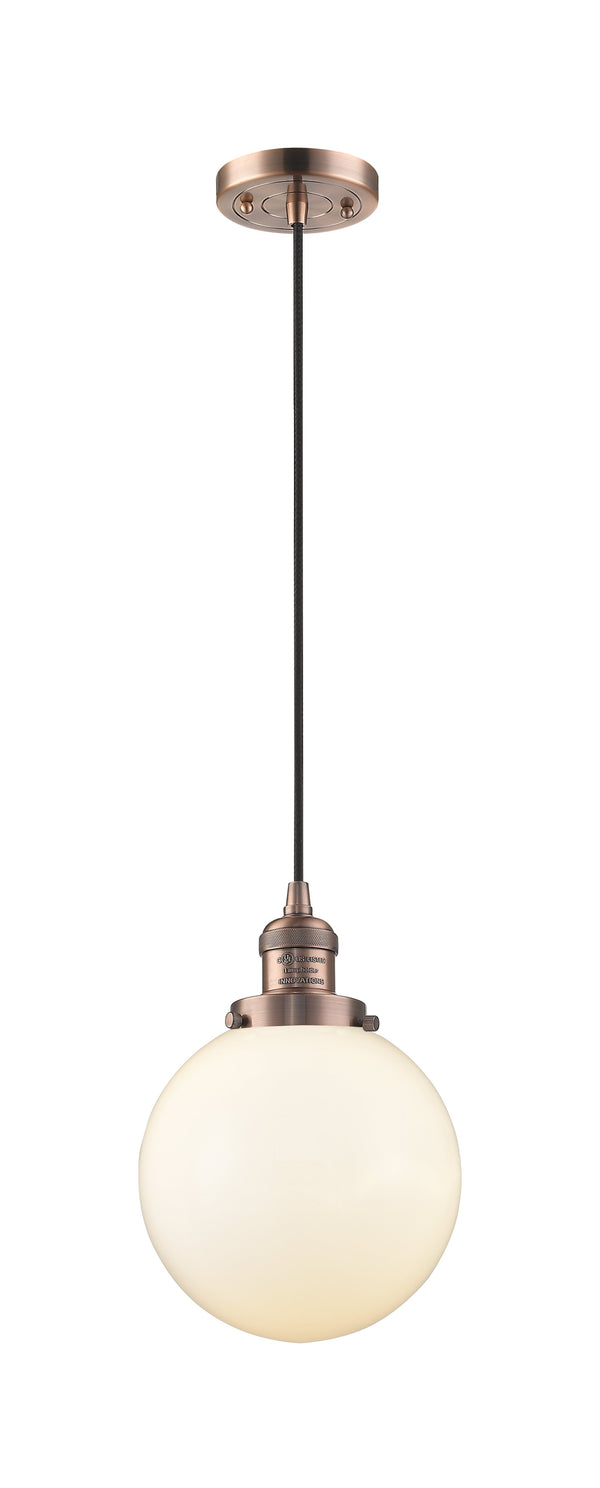 Innovations Lighting Beacon 1-100 watt 6 inch Antique Copper Mini Pendant  Matte White Cased glass 201CACG2018