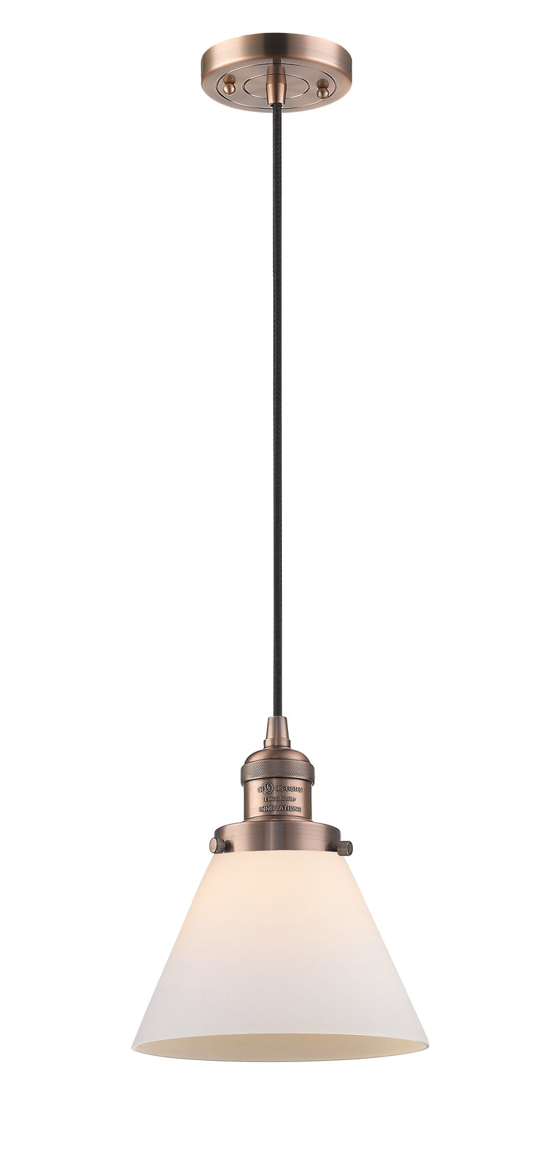 Innovations Lighting Large Cone 1-100 watt 8 inch Antique Copper Mini Pendant  Matte White Cased glass 201CACG41