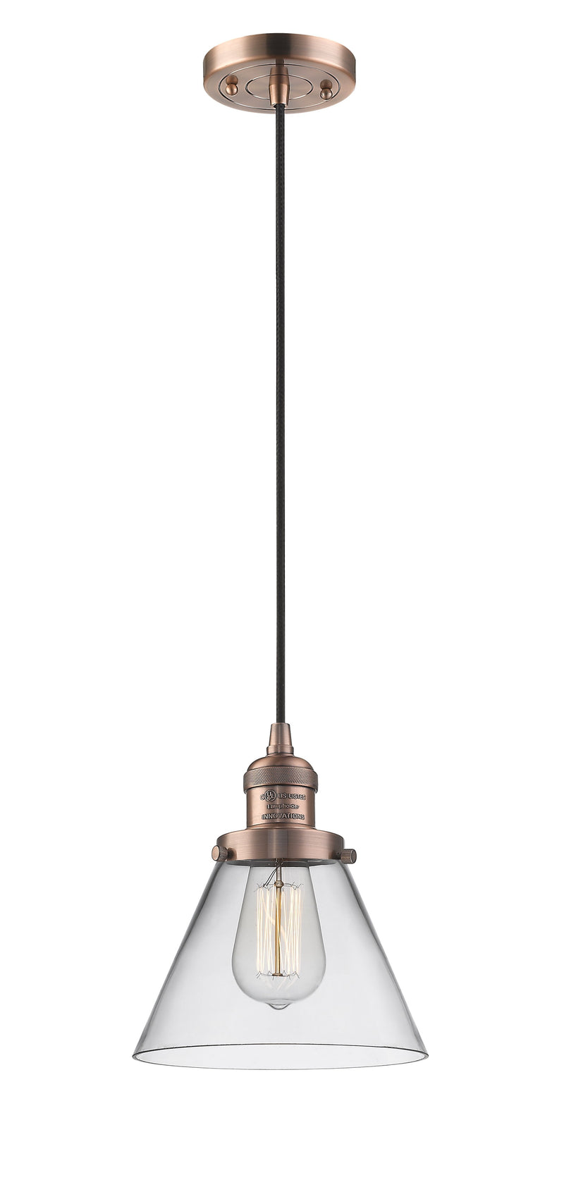 Innovations Lighting Large Cone 1-100 watt 8 inch Antique Copper Mini Pendant  Clear glass 201CACG42