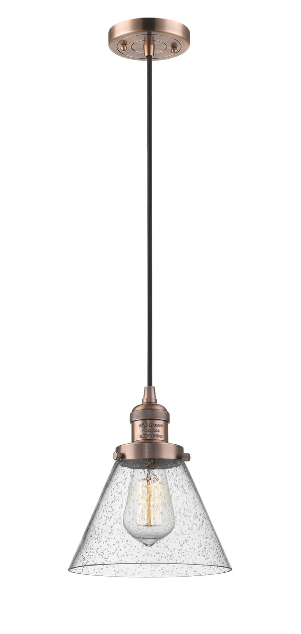 Innovations Lighting Large Cone 1-100 watt 8 inch Antique Copper Mini Pendant  Seedy glass 201CACG44