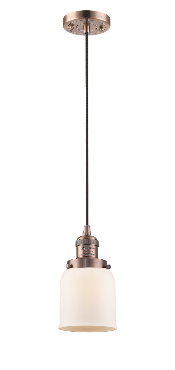 Innovations Lighting Small Bell 1-100 watt 6 inch Antique Copper Mini Pendant  Matte White Cased glass 201CACG51