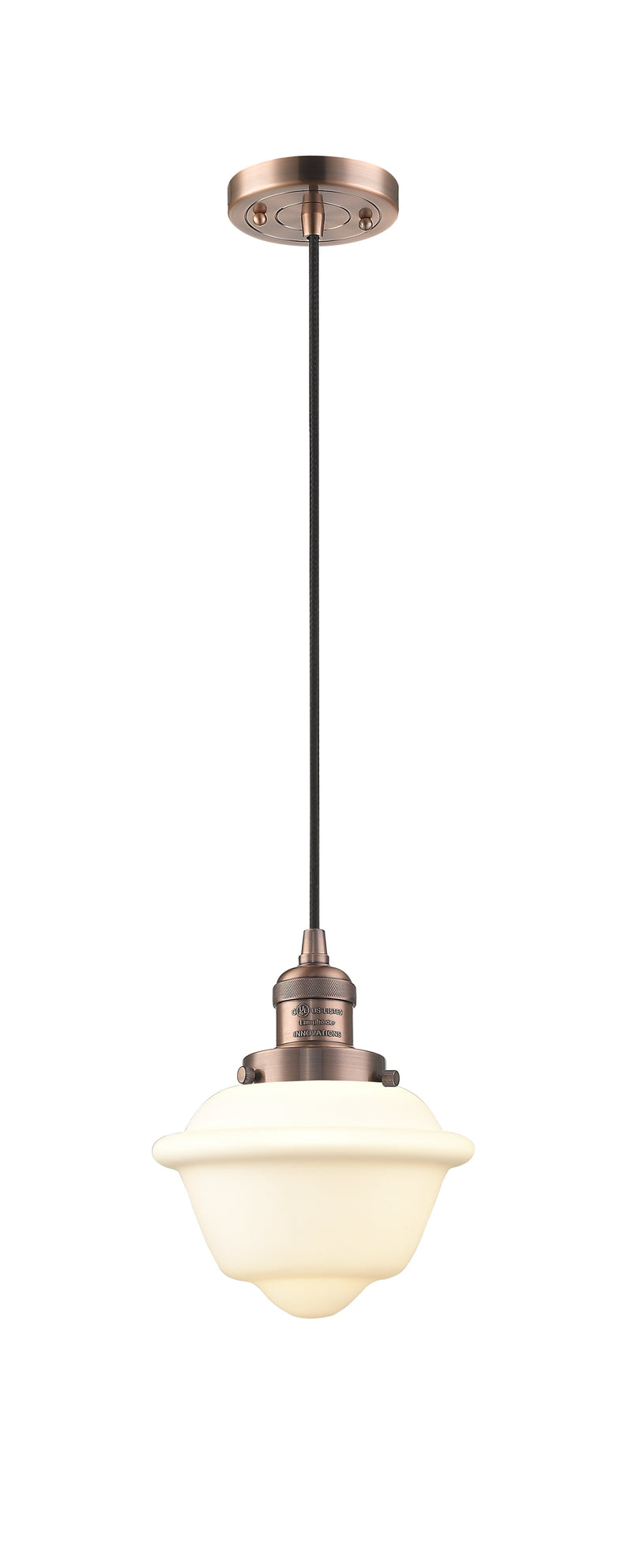 Innovations Lighting Small Oxford 1-100 watt 8 inch Antique Copper Mini Pendant  Matte White Cased glass 201CACG531