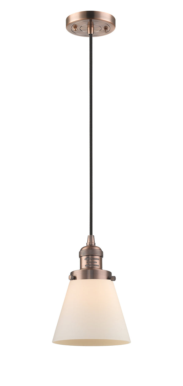 Innovations Lighting Small Cone 1-100 watt 6 inch Antique Copper Mini Pendant  Matte White Cased glass 201CACG61