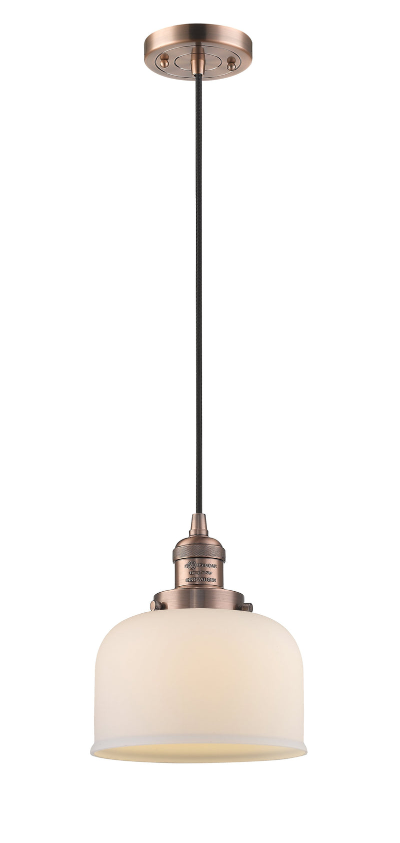 Innovations Lighting Large Bell 1-100 watt 8 inch Antique Copper Mini Pendant  Matte White Cased glass 201CACG71