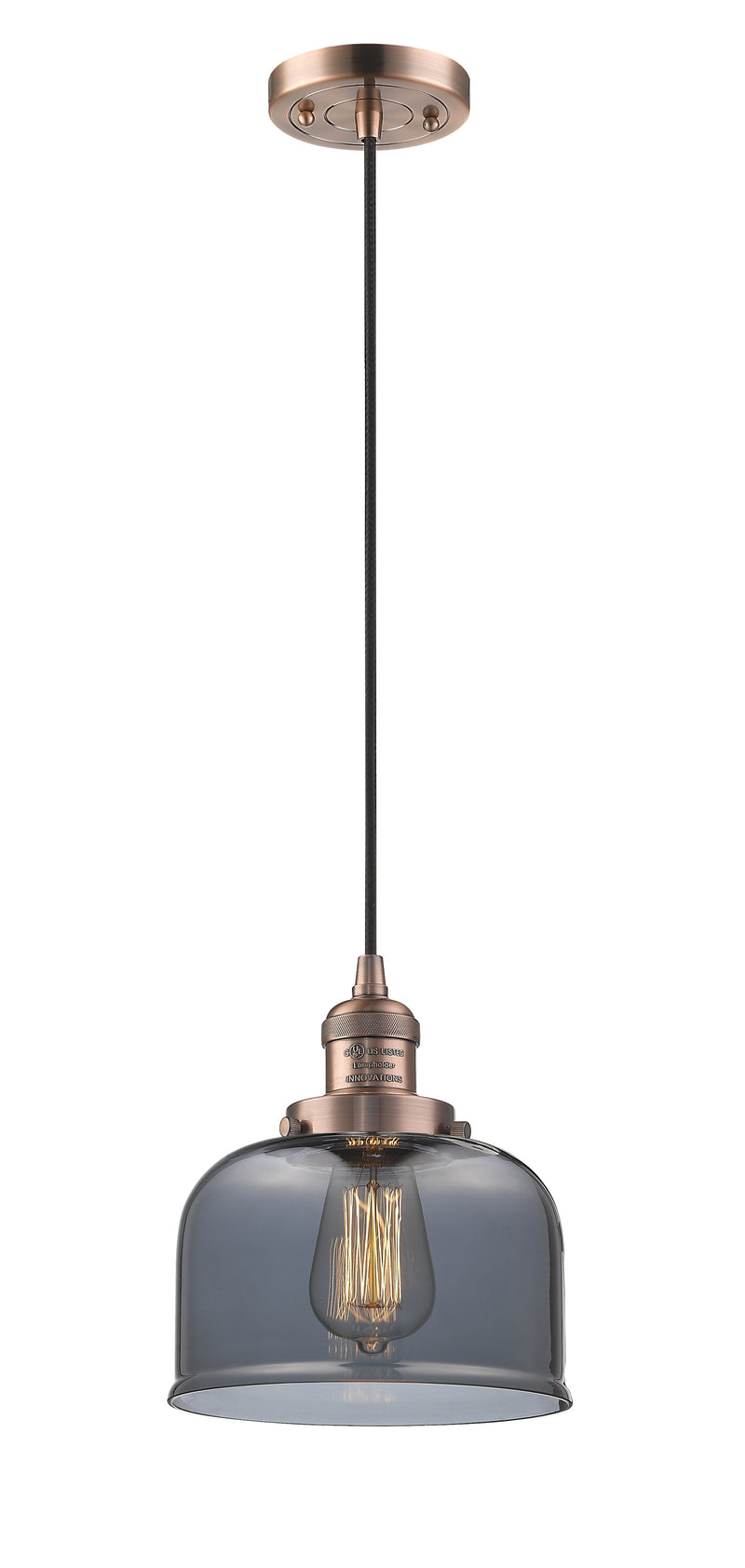 Innovations Lighting Large Bell 1-100 watt 8 inch Antique Copper Mini Pendant  Smoked glass 201CACG73