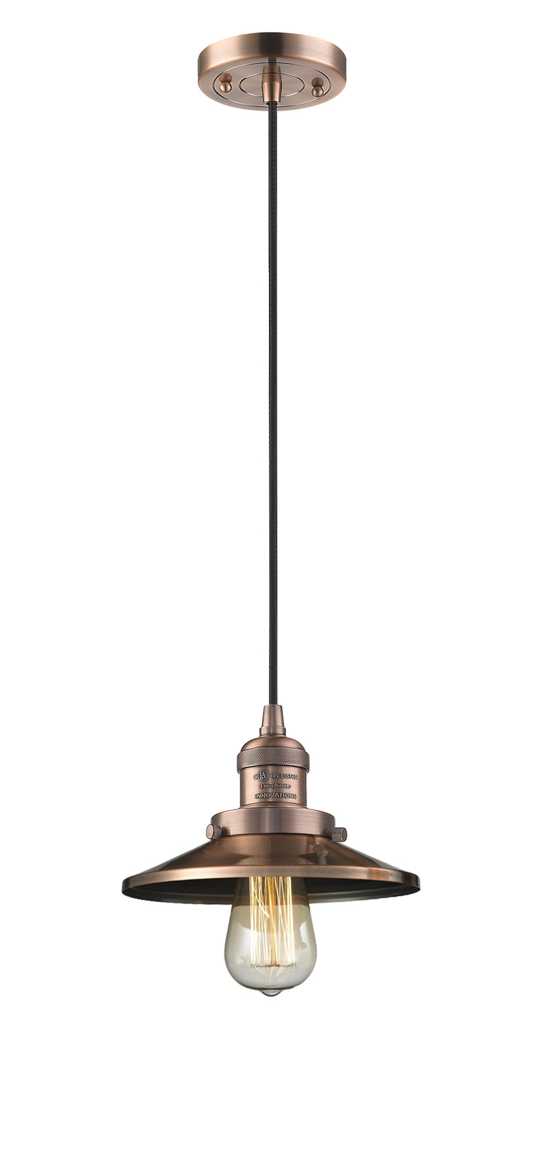 Innovations Lighting Railroad 1-100 watt 8 inch Antique Copper Mini Pendant  Antique Copper Railroad shades  201CACM3