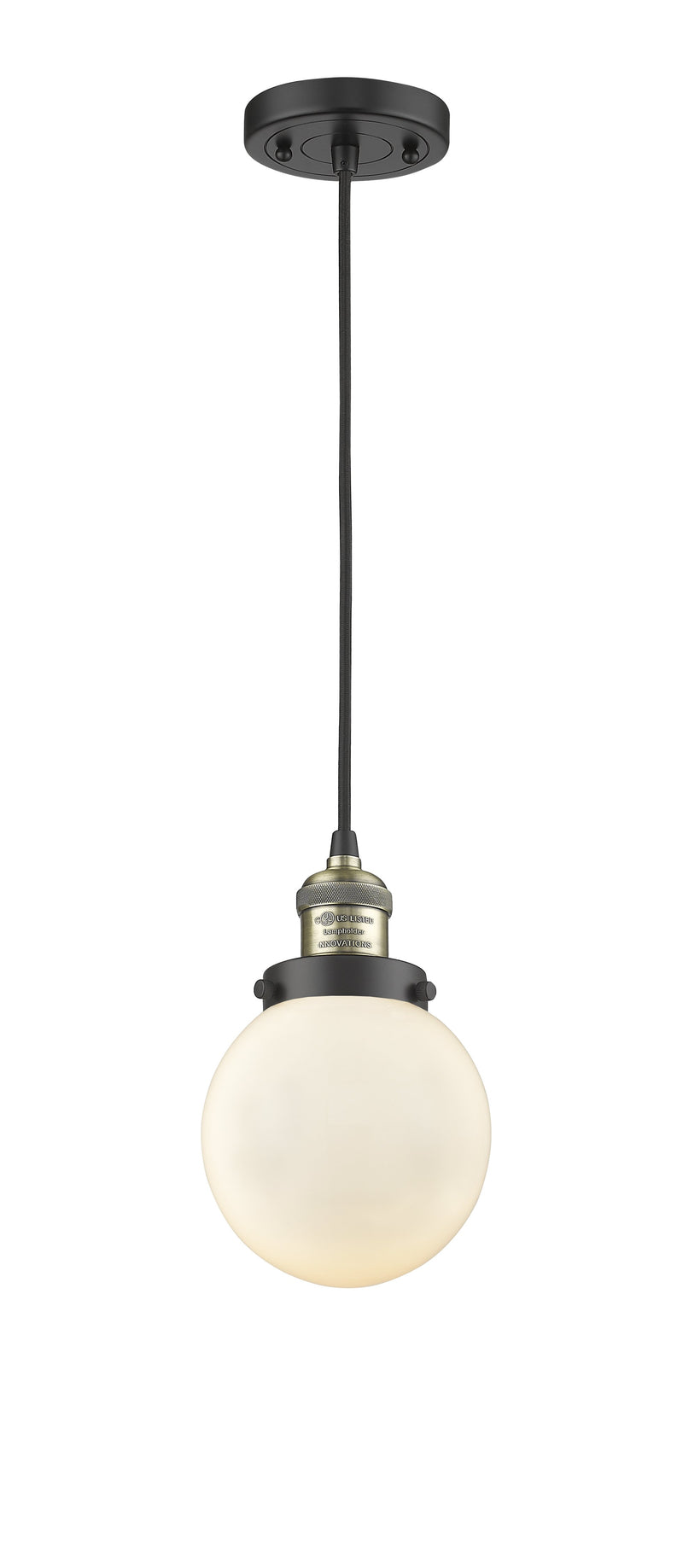 Innovations Lighting Beacon 1-100 watt 6 inch Black Antique Brass Mini Pendant  Matte White Cased glass 201CBABG2016