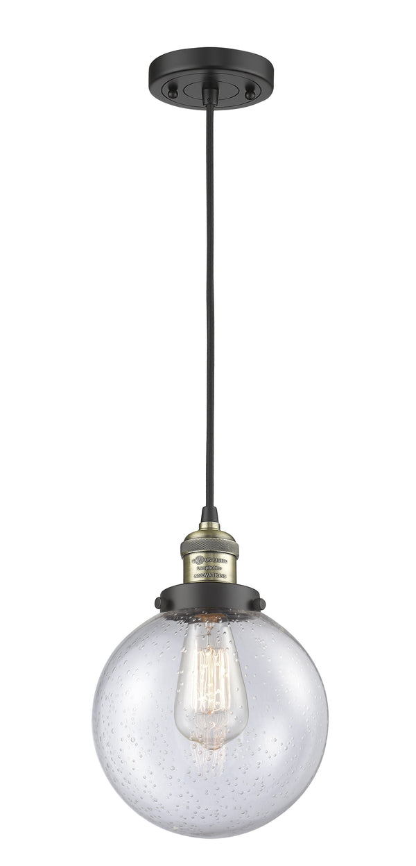 Innovations Lighting Beacon 1-100 watt 8 inch Black Antique Brass Mini Pendant  Seedy glass 201CBABG2048